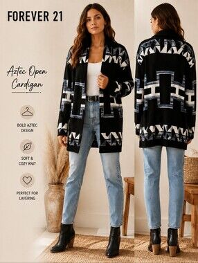 Forever 21 Aztec Geometric Open Front Cardigan Sweater Black Navy Large